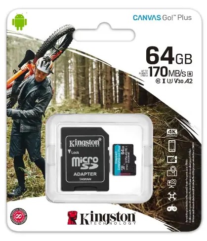 Tarjeta MicroSDXC Kingston Canvas Go Plus 64GB, A2, U3, V30, 170 MB/s, incluye adaptador