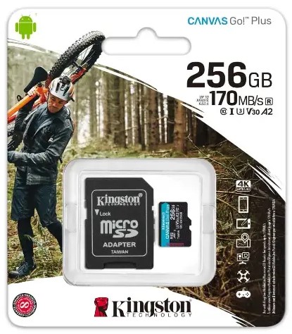 Tarjeta MicroSDXC Kingston Canvas Go Plus 256GB, A2, U3, V30, 170 MB/s, incluye adaptador
