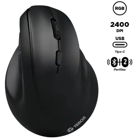 MOUSE TEROS TE-5169N RECARGABLE, INALÁMBRICO DOBLE MODO: 2.4G+BLUETOOTH, VERTICAL, NEGRO